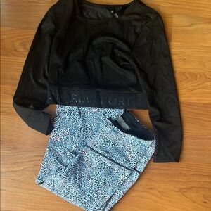 Victoria's Secret Black Top and Blue Leopard Print capri Pants xs bottom sm top